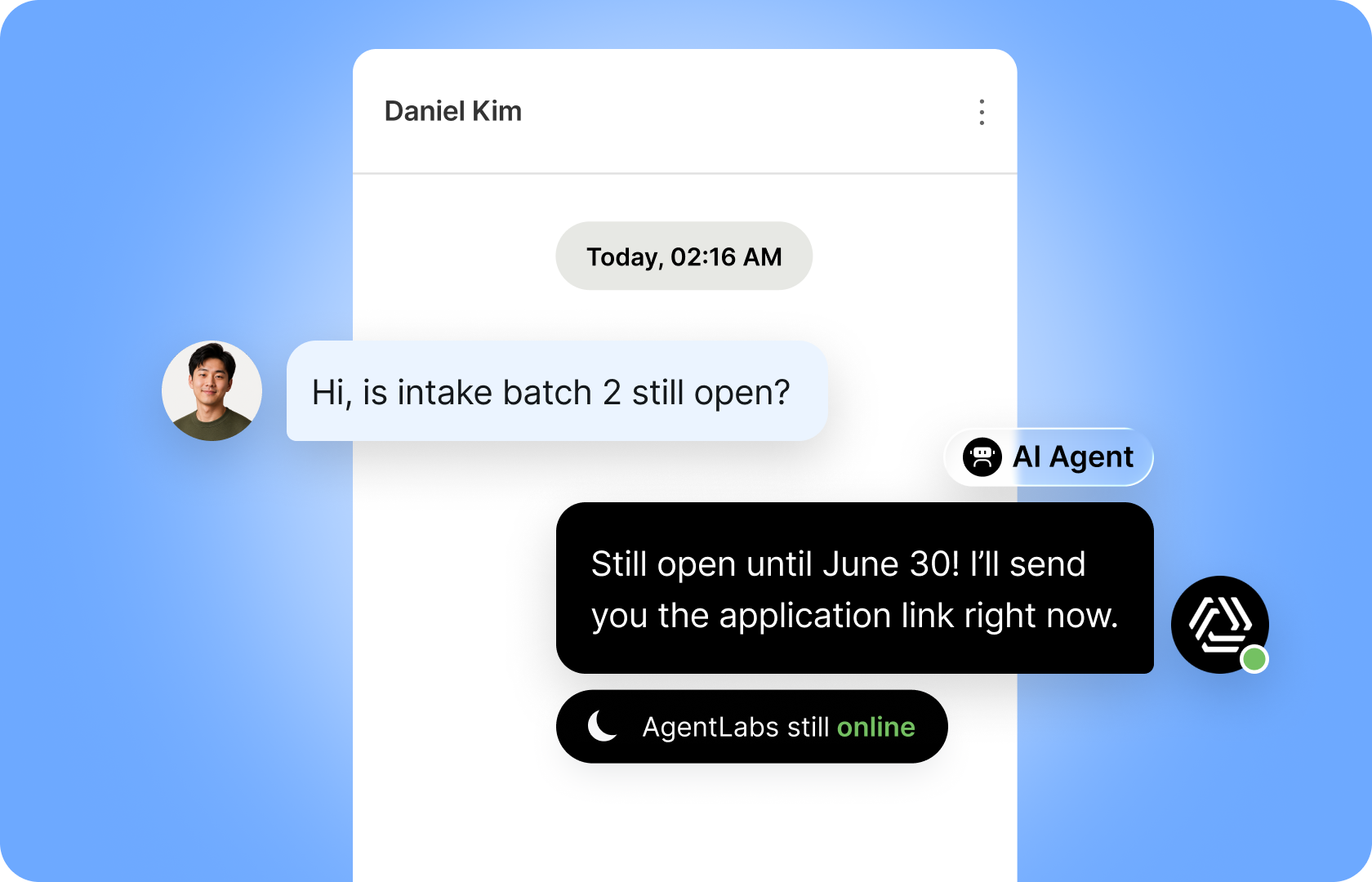 Qiscus AgentLabs AI agent replying to a student admissions question in real time