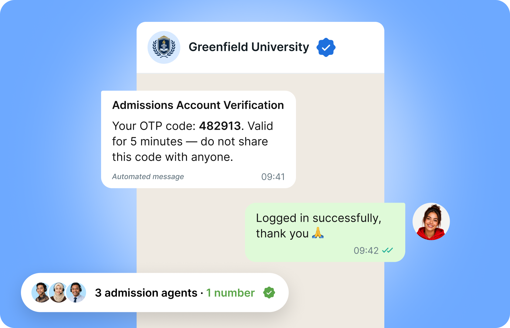 Official verified WhatsApp Business account sending an OTP and automated messages