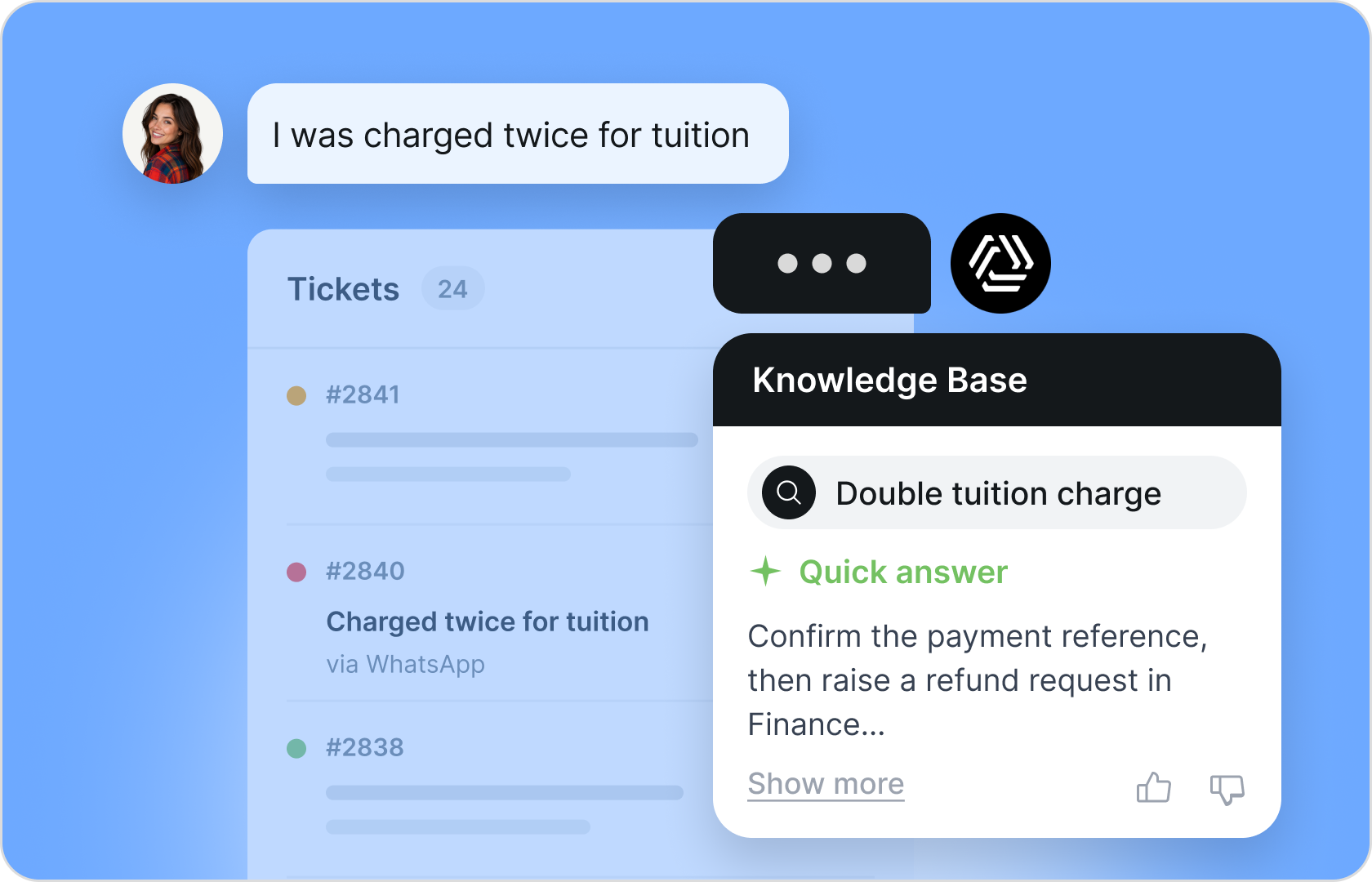 Qiscus Helpdesk ticket list with an AI-powered knowledge base quick answer