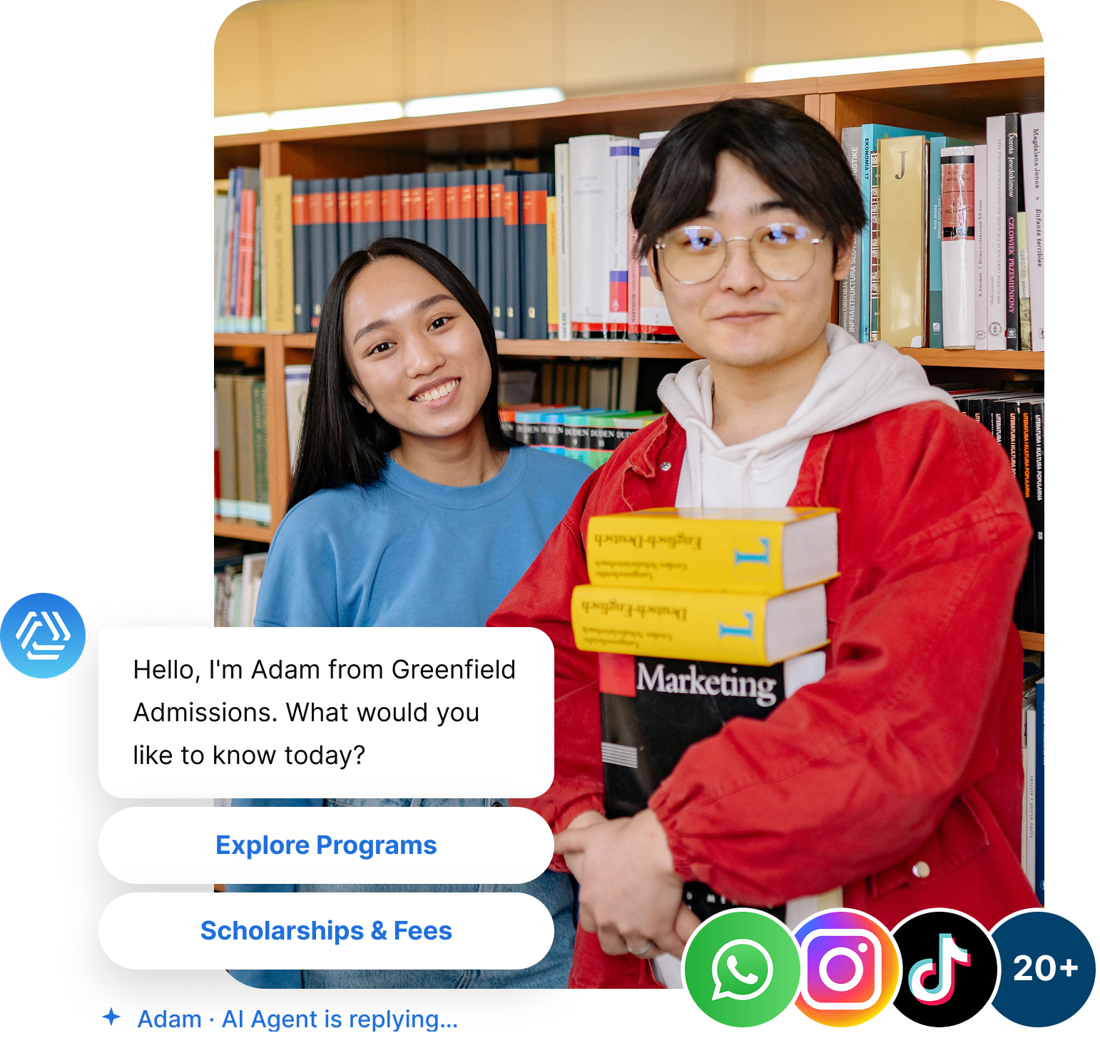 Qiscus AI agent replying to a prospective student across WhatsApp, Instagram, and TikTok