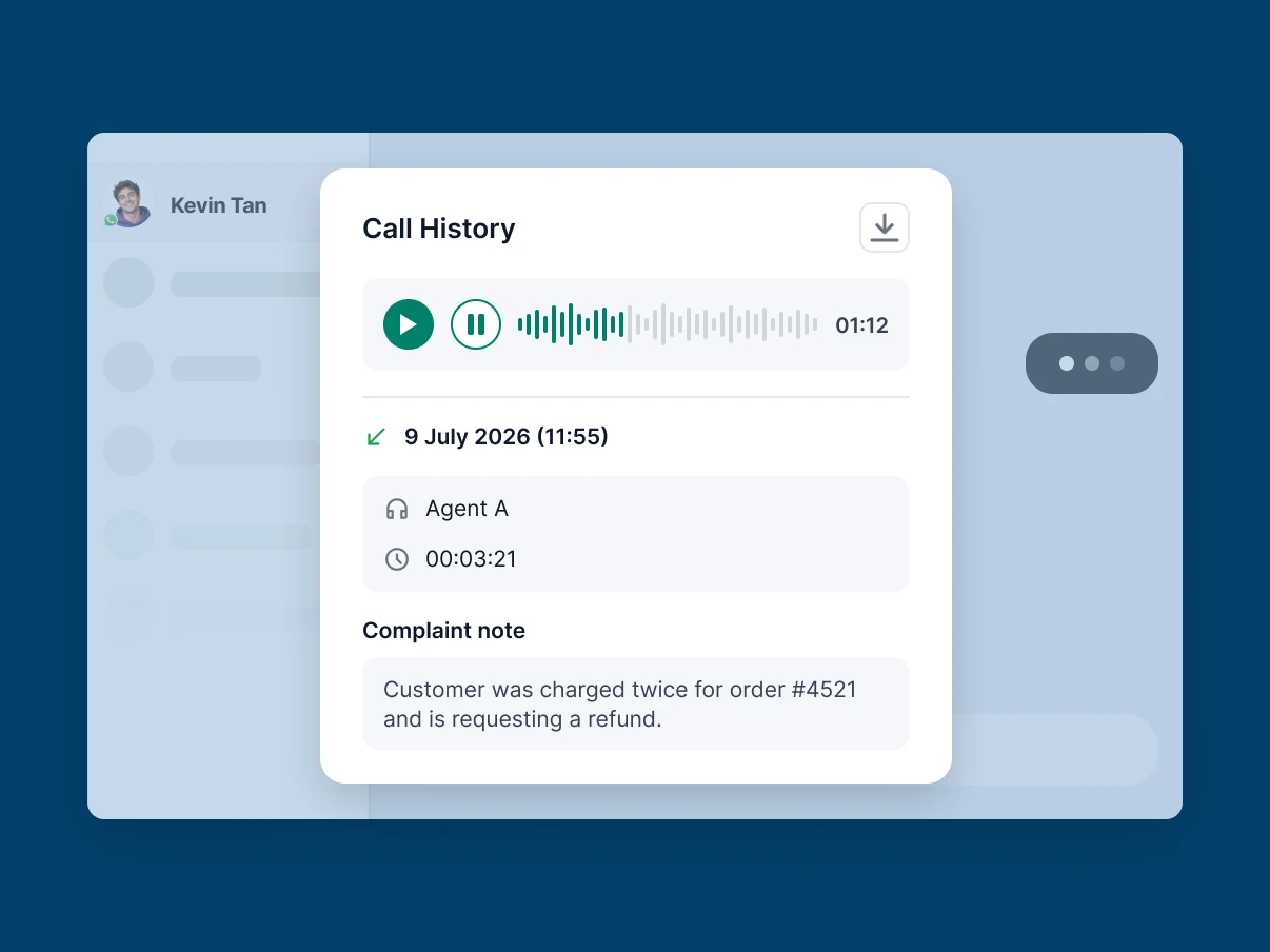 Panel Call History dengan pemutar rekaman audio, tombol unduh, nama agent, durasi, dan catatan komplain