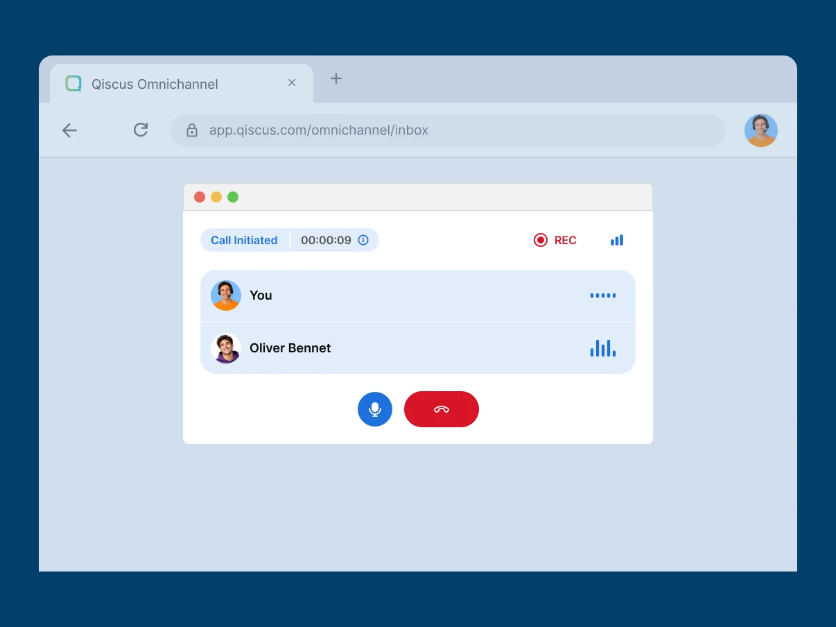 Jendela browser yang menampilkan panggilan langsung di inbox Qiscus Omnichannel, lengkap dengan timer, indikator rekaman, dan tombol akhiri panggilan