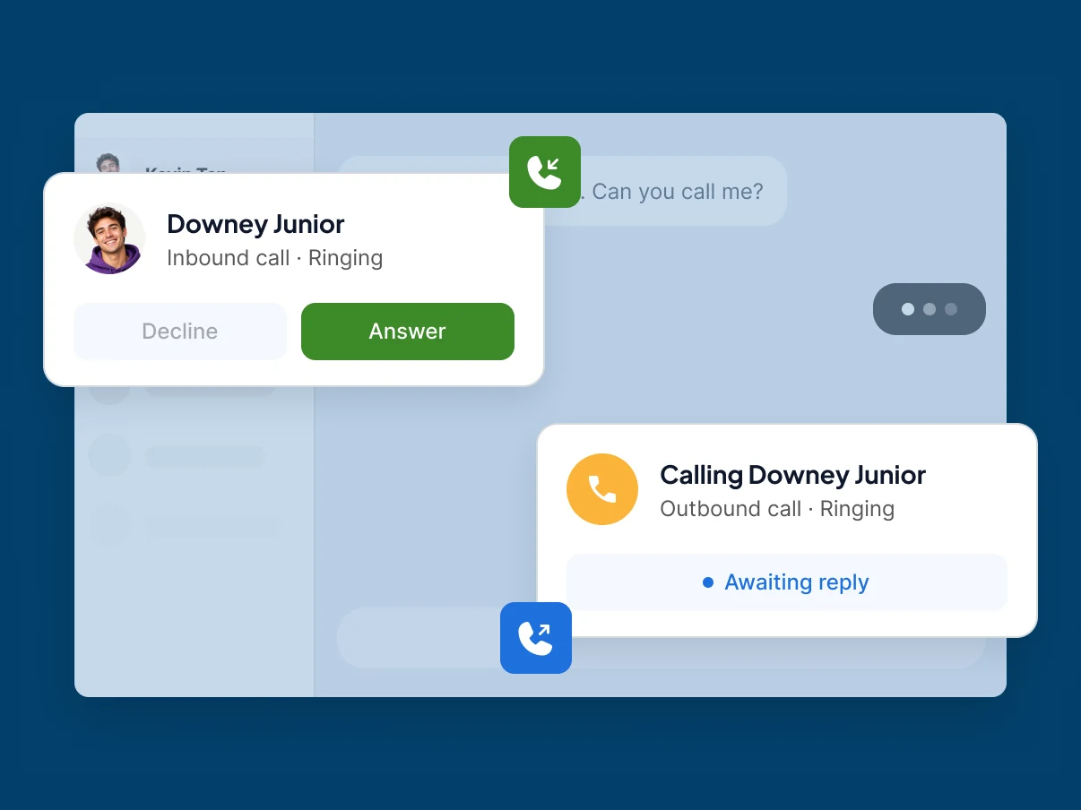 Panggilan masuk dengan tombol Answer dan Decline di samping panggilan keluar yang menunggu jawaban, di dalam dashboard Qiscus